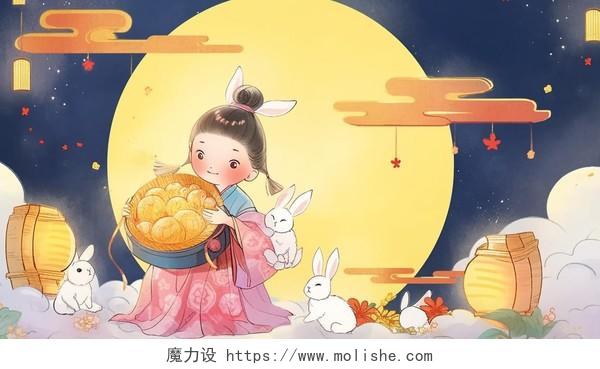 中秋节嫦娥玉兔月饼月下插图卡通可爱唯美手绘古风人物插画壁纸